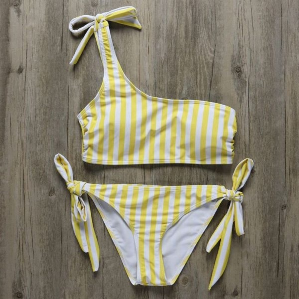 Yellow white striped one shoulder bikini